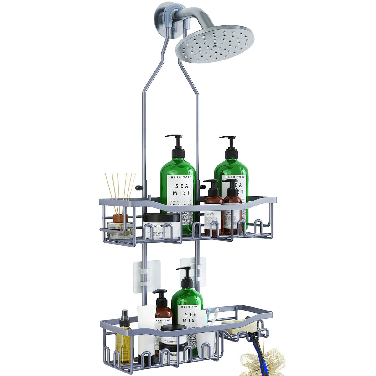 Upgraded Extended Length Shower Organizer with Hooks, Rustproof Shampoo Soap Holder, Large Hanging Bathroom Caddy