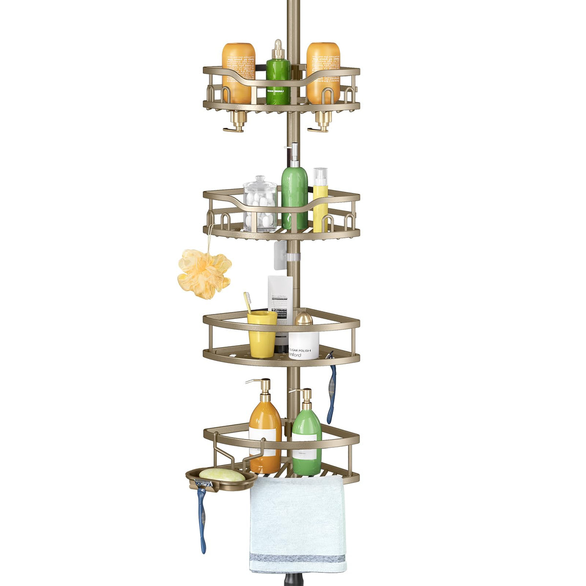 HAMITOR Corner Shower Caddy Tension Pole: Rustproof Stable 4-Tier Bathroom Organizer Shelves for Bathtub Shampoo Storage - 47-121 Inch Quick Install Adjustable Shelf with Soap Rack - Silver Gray