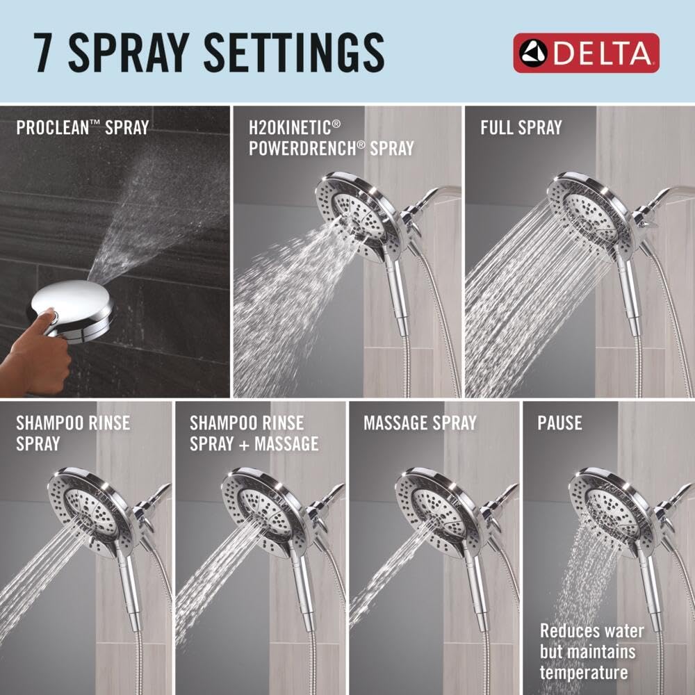 Delta Faucet 7-Setting In2ition 2-in-1 Dual Shower Head with ProClean Spray, Hose, 2.5 GPM