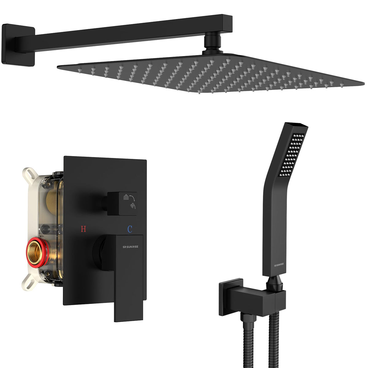 SR SUN RISE Shower Faucet Set 16-Inch Rainfall Shower Head Matte Black