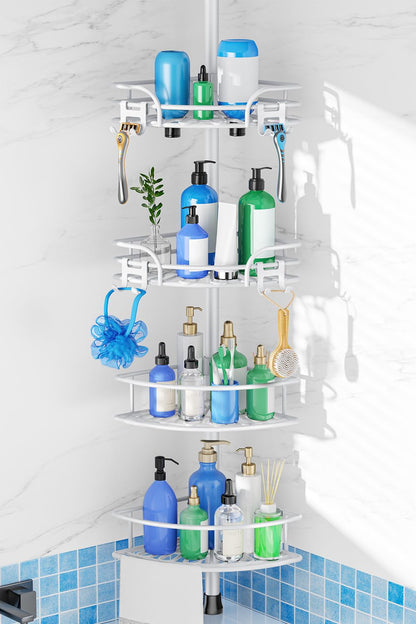 HAMITOR Corner Shower Caddy Tension Pole, Adjustable No-Drill Widen Shelves