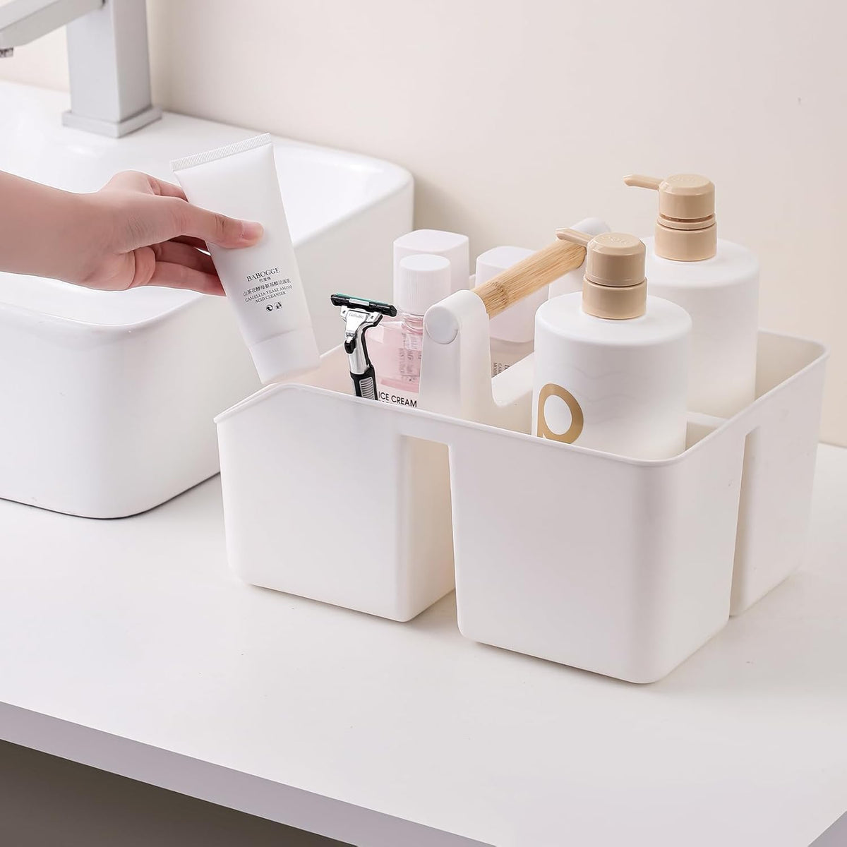 rejomiik Plastic Shower Caddy, Portable Basket with Bamboo Handle, White