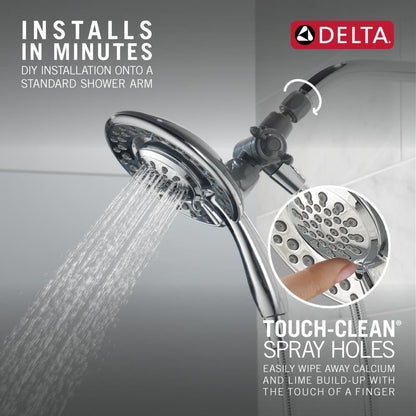 Delta 4-Setting In2ition 2-in-1 Dual Shower Head with HandHeld Spray, Chrome Detachable Shower Head with Hose, Showerhead, 1.75 GPM Flow Rate, Chrome 75486C