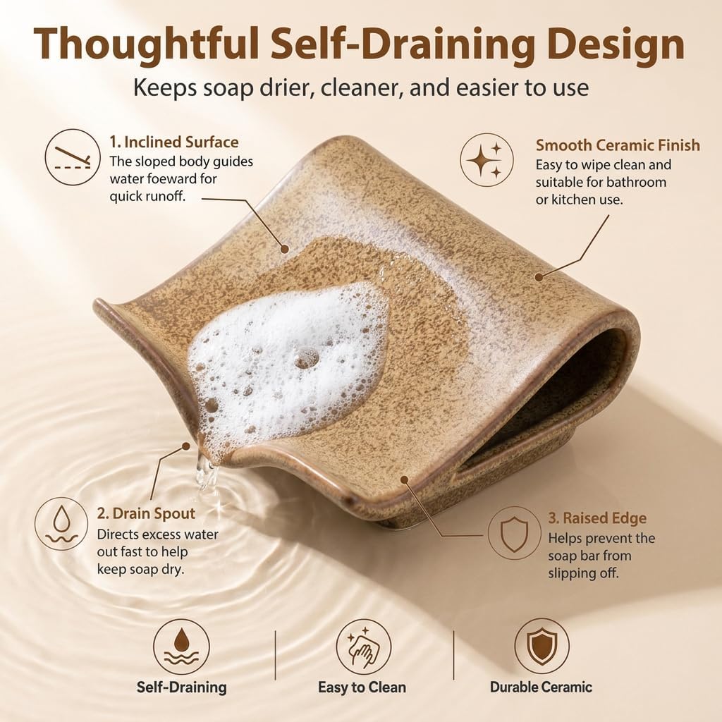 Zoeeker Self-Draining Soap Dish, Ceramic Bar Soap Holder with Drainage