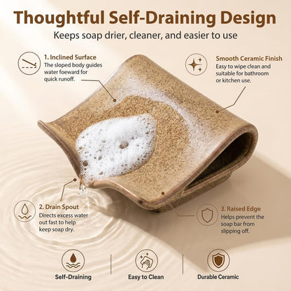 Zoeeker Self-Draining Soap Dish, Ceramic Bar Soap Holder with Drainage