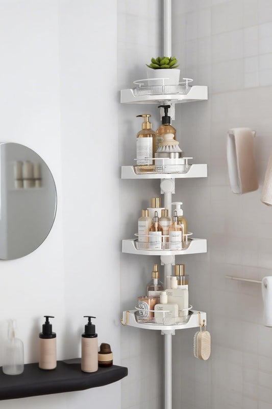 shuang qing 360° Rotating Corner Shower Caddy Tension Pole Organizer, White