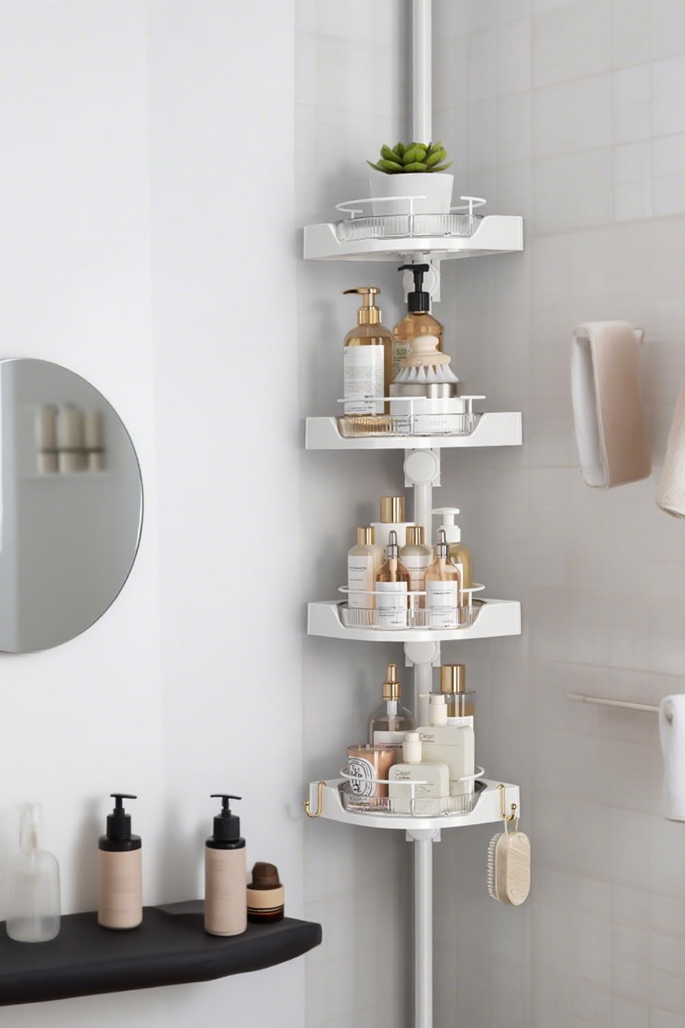 shuang qing 360° Rotating Corner Shower Caddy Tension Pole Organizer, White