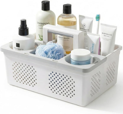 KMV Dorm Room Portable Shower Caddy with Adjustable Compartments - Ventilated Drainage Design with Handles, Perfect Toiletries Organizer for College Dorms-white