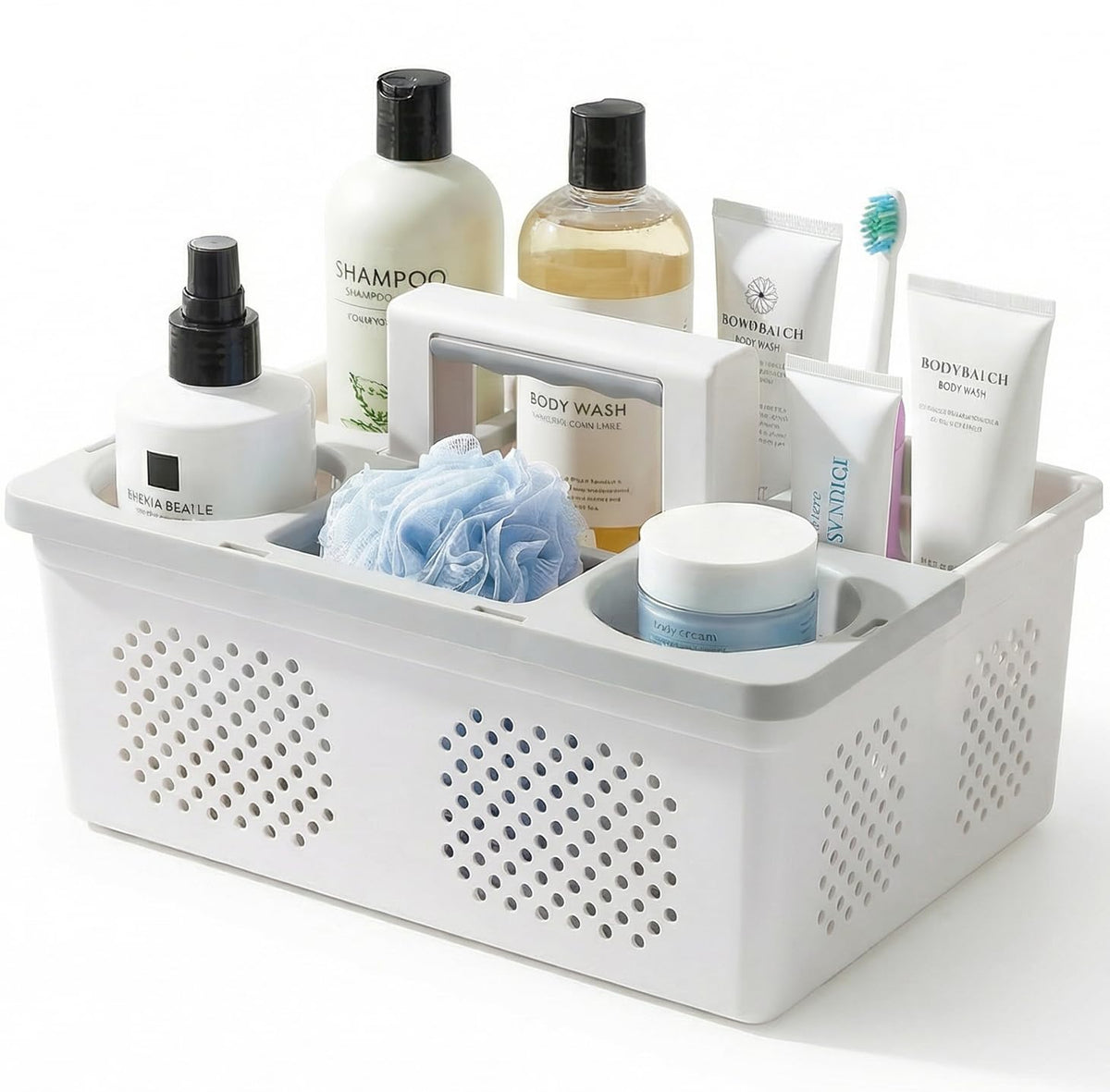 KMV Dorm Room Portable Shower Caddy with Adjustable Compartments - Ventilated Drainage Design with Handles, Perfect Toiletries Organizer for College Dorms-white