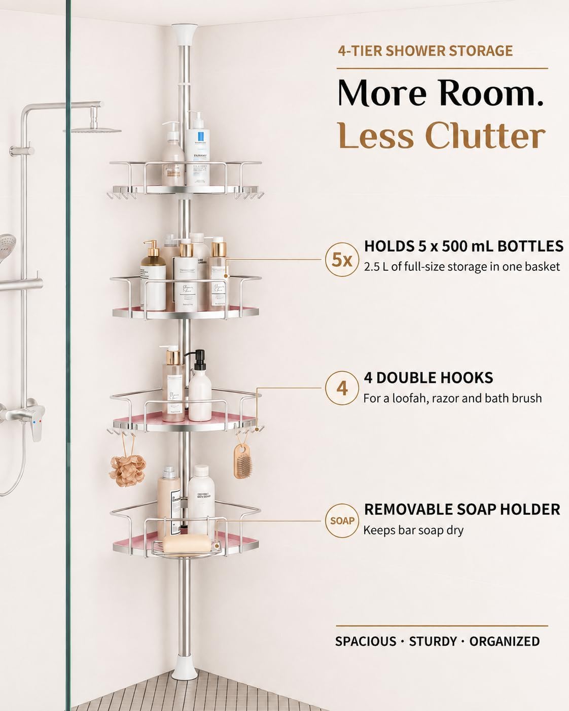 ALLZONE Two-Tone Corner Shower Caddy Tension Pole for Bath Shampoo Storage