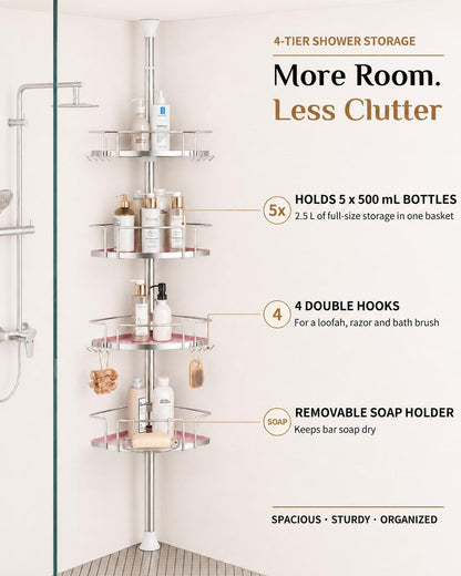 ALLZONE Two-Tone Corner Shower Caddy Tension Pole for Bath Shampoo Storage