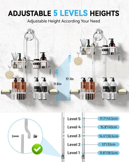 Adjustable Shower Caddy Hanging - Never Rust Shower Organizer Hanging, Aluminum Shower Racks for Inside Shower - Bathroom Organizers and Storage with 2 Soap Holders and 2 Removable Hooks, Silver