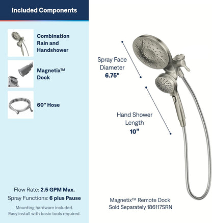 Moen 26009SRN Engage Magnetix 2-in-1 Combo Rain Showerhead with Handheld Spray, Magnetic Docking System, Spot Resist Brushed Nickel, 6-Spray Settings, 2.5 GPM