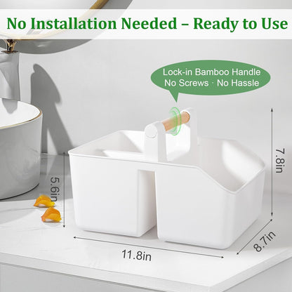 rejomiik Plastic Shower Caddy, Portable Basket with Bamboo Handle, White