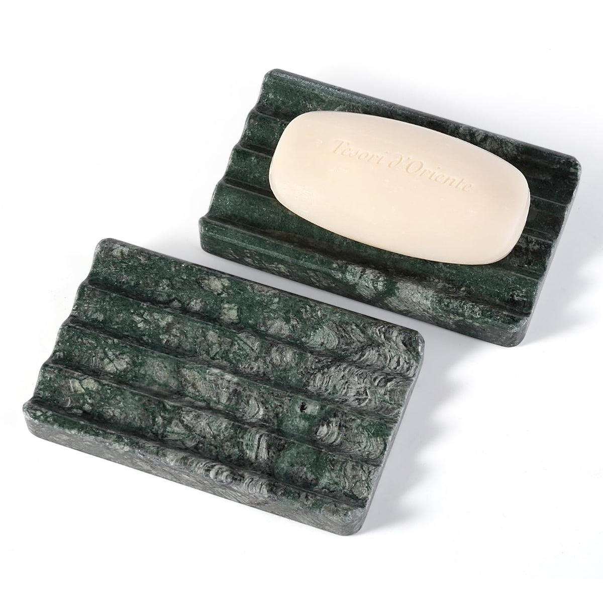 2PCS Koville African Natural Marble Soap Dish for Shower, Stone Soap Tray for Bathroom, Bar Soap Holder for Sink, Stripe Grooves Saver Keep Bars Dry Easy Clean (Namib Bianco)