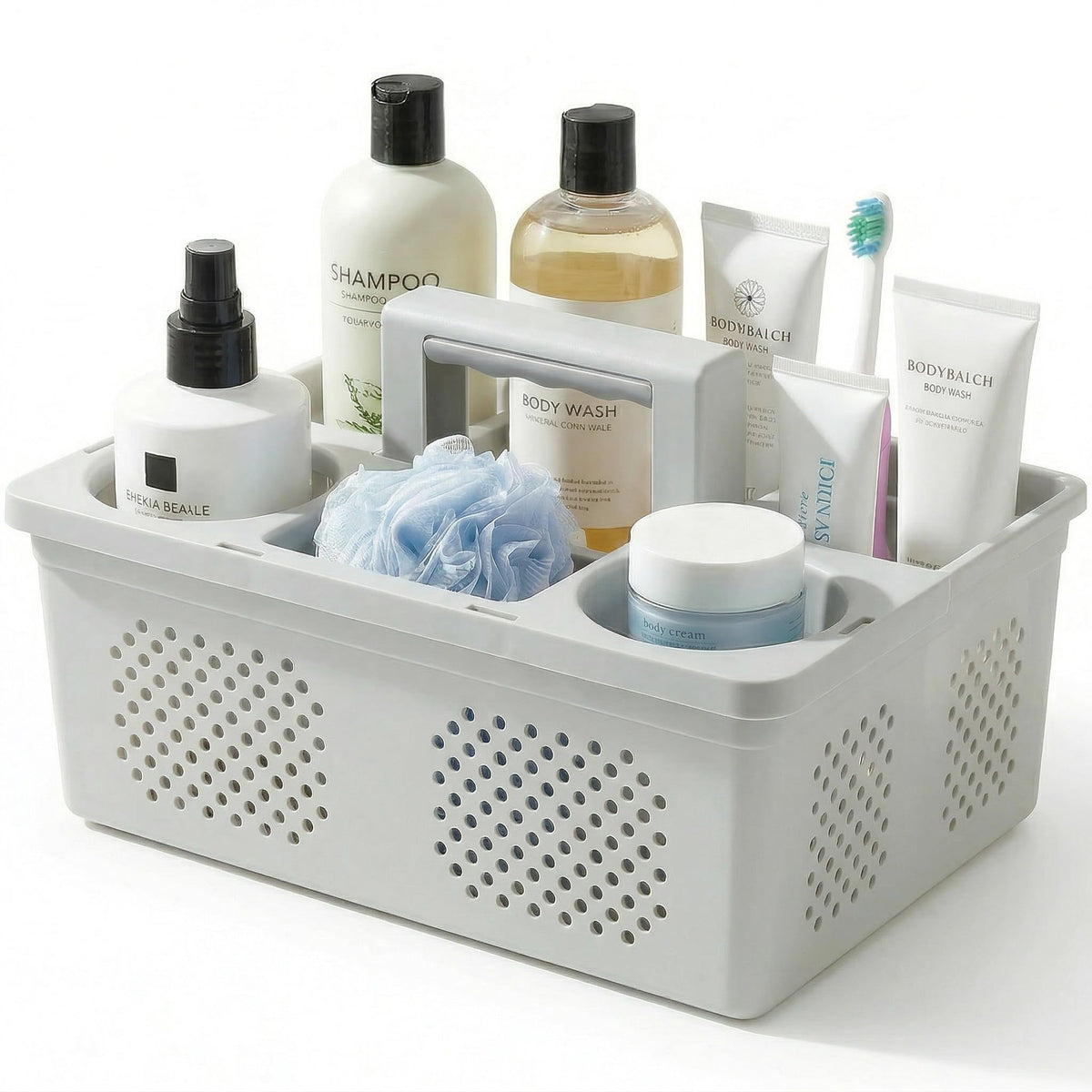 KMV Dorm Room Portable Shower Caddy with Adjustable Compartments - Ventilated Drainage Design with Handles, Perfect Toiletries Organizer for College Dorms-white