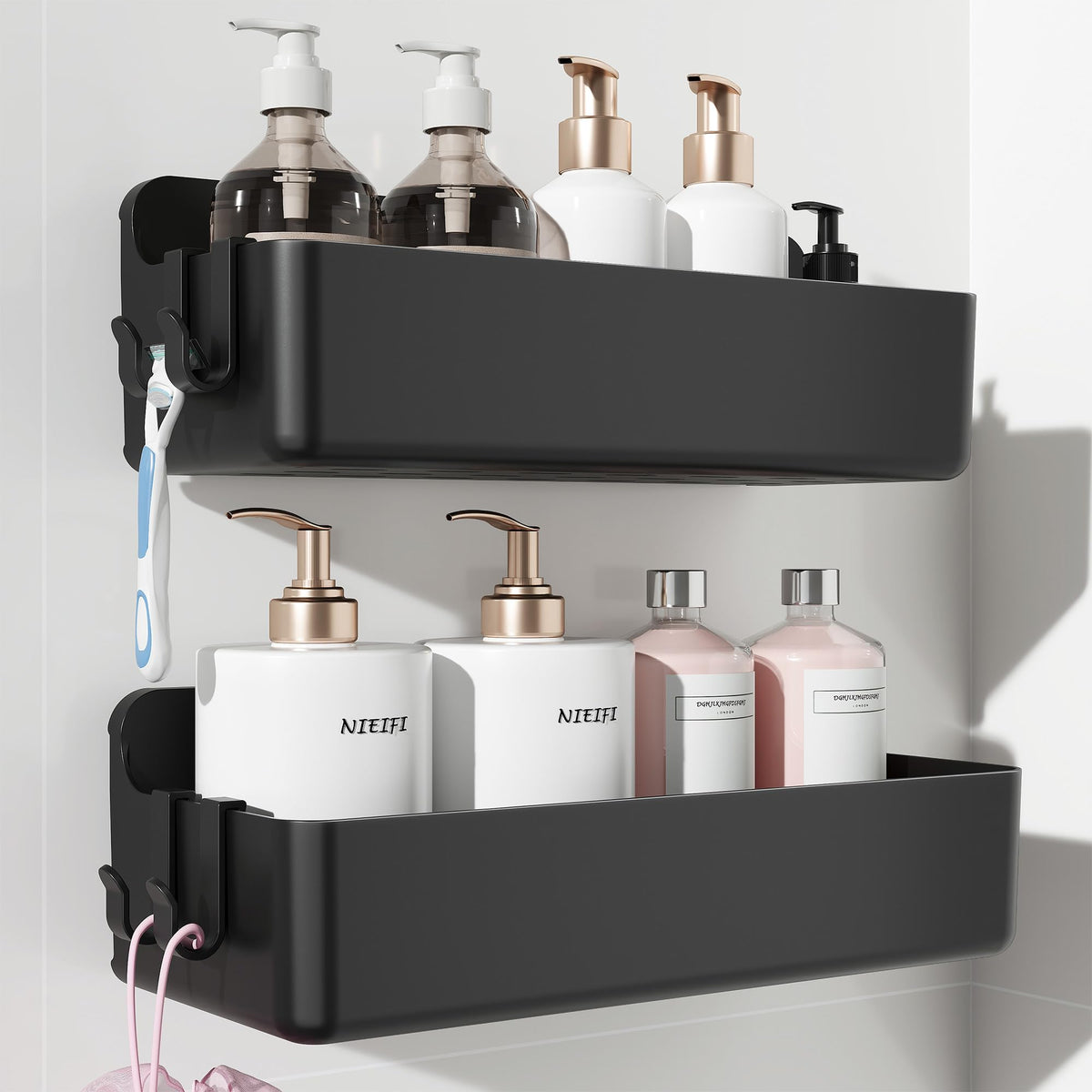Nieifi Adhesive Shower Shelves, Clear, 5 Pieces