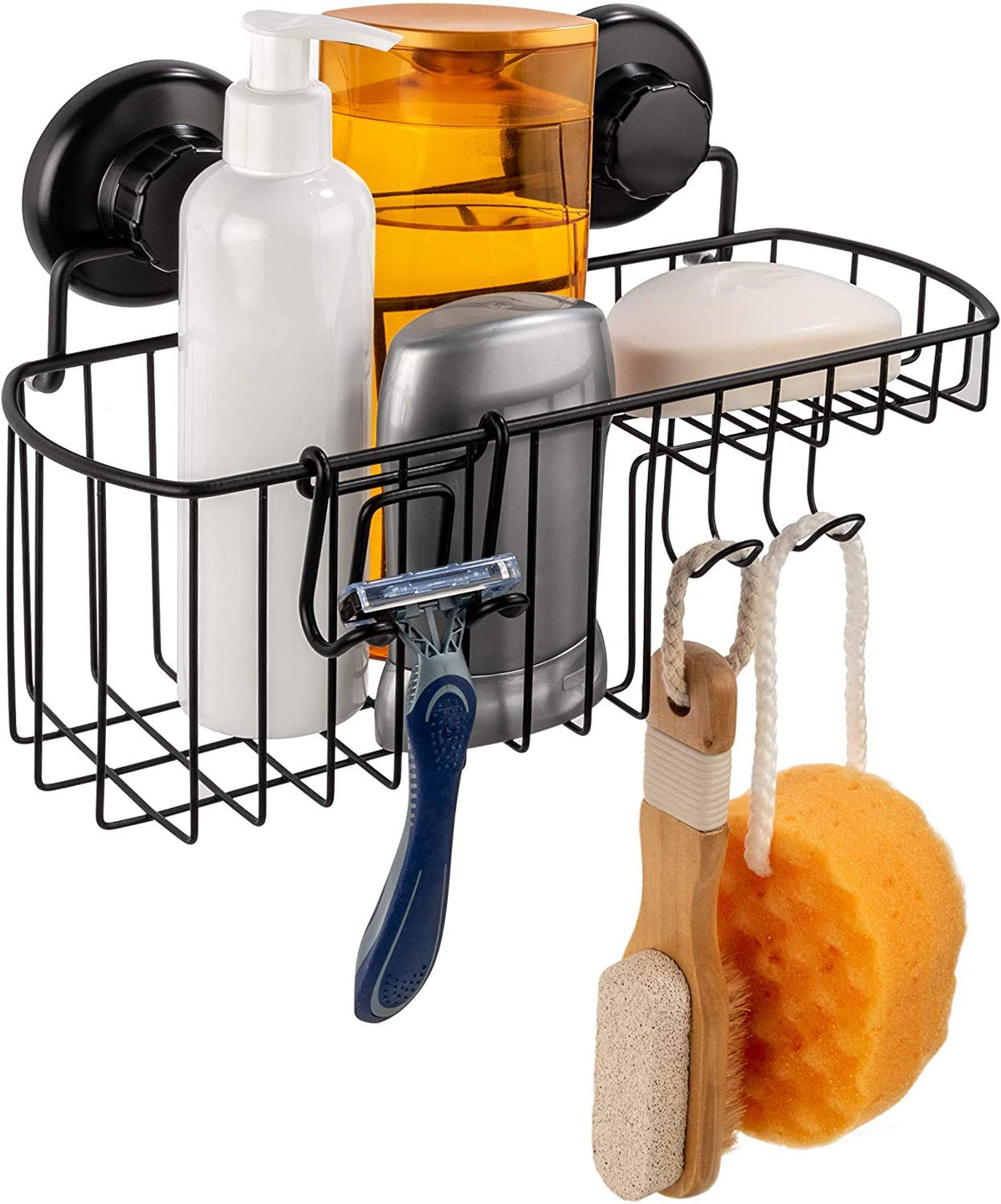 HASKO Suction Cup Shower Caddy Basket for Shampoo, Shower Suction Shelf Organizer, Basket with Soap Holder and Hooks, Stainless Steel Shampoo Holder for Bathroom Storage, Chrome