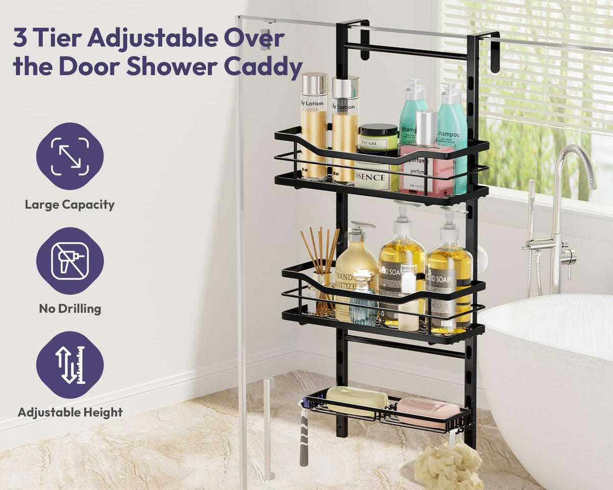 SWTYMIKI Over the Door Shower Caddy - 3 Tier Adjustable Shower Organizer Hanging with Soap Holder, No Drilling Stainless Steel Bathroom Rack Hanging for Body Wash, Shampoo, Soap, Razor, Black