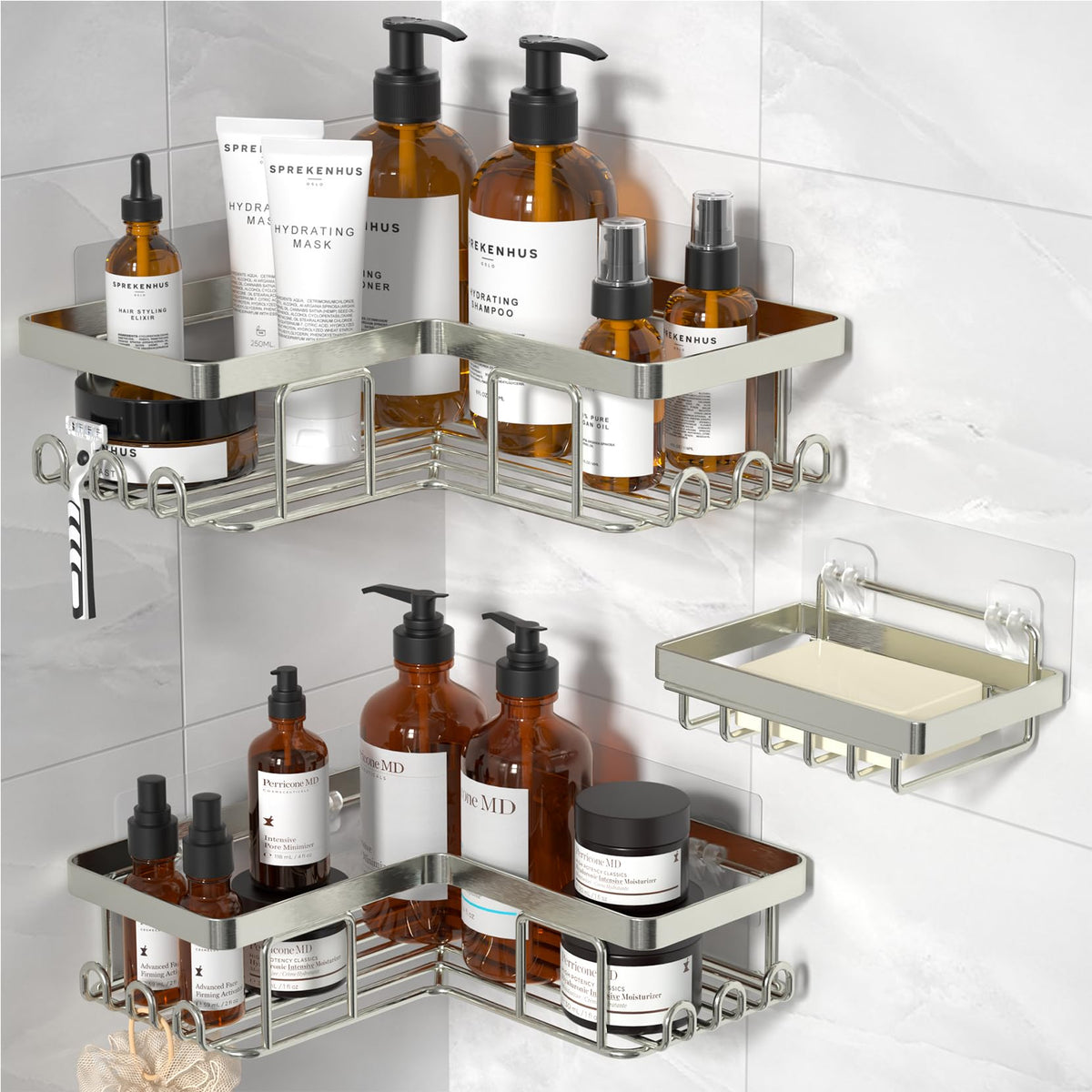 YASONIC Corner Adhesive Shower Caddy, with Soap Holder and 12 Hooks, Rustproof Stainless Steel Bathroom Organizer, No Drilling Wall Mounted Rack, Brushed Silver, 3-Pack