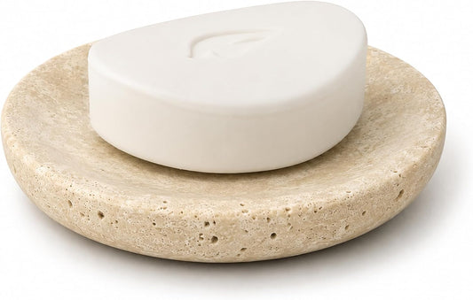 Marble Soap Dishes Natural Travertine Stone Sponge Holder for Bathroom Tub Shower Kitchen Sink, Handcraft Round Soap Case Trinket Plate Jewelry Tray Coaster for Home Decor Color Beige (WH046)