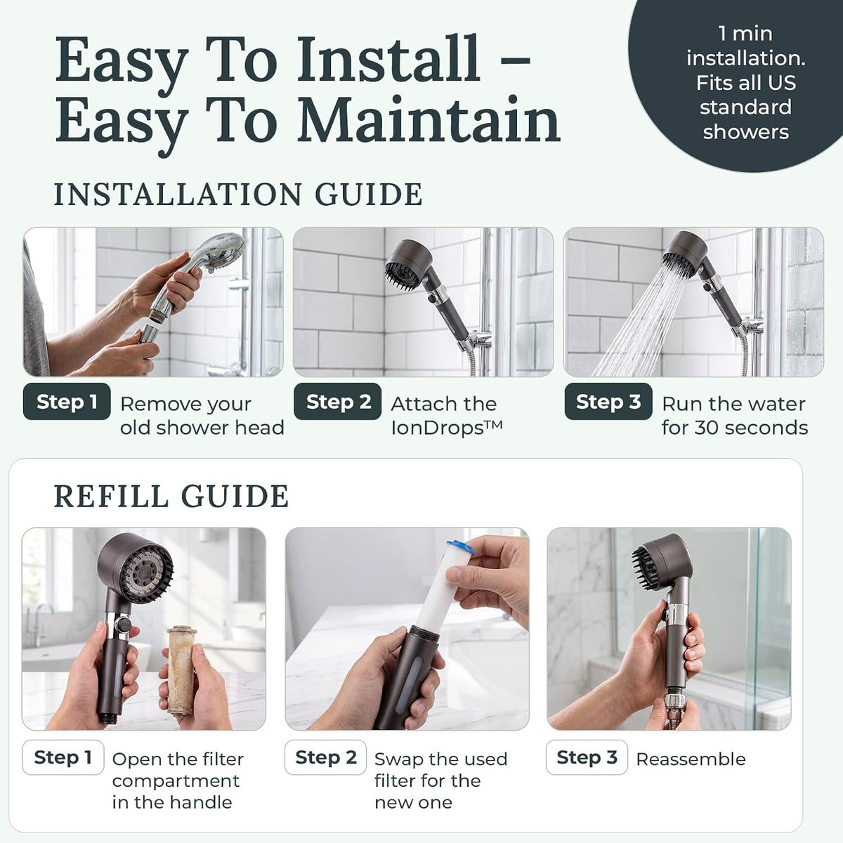 Drivse Filtered Shower Head for Hard Water | Ion Drops | 3 Spray Modes
