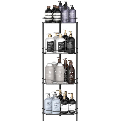 HuggieGems 4 Tier Floor Standing Corner Shower Caddy Organizer Shelf with Hooks, Bathroom Shelves Stand Rack, Black