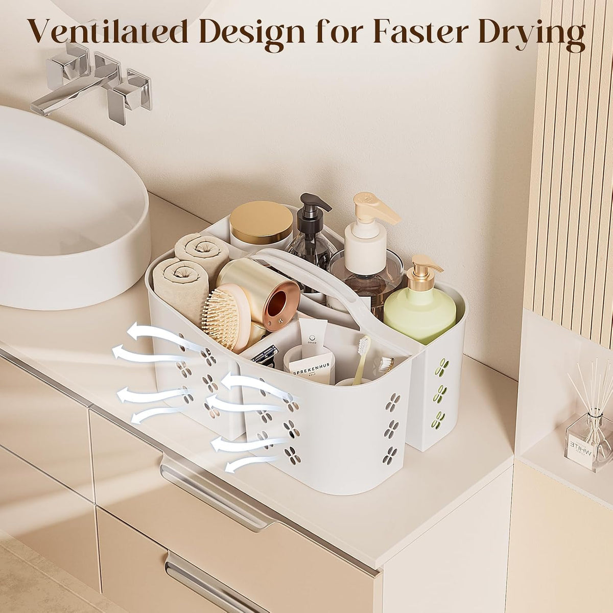 Portable Shower Caddy with Handle, Large Capacity Shower Basket Organizer, Quick-Drain Bathroom Storage Tote, Durable Plastic Shower Organizer for College Dorm, Beach, Gym, Travel Essentials, White