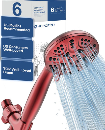 HOPOPRO 7-Setting Handheld Shower Head with Built-in Power Wash, Polished ABS Chrome, 71-Inch Stainless Steel Hose, 360 Rotatable Brass Overhead Bracket, Anti-Leakage Teflon Tape