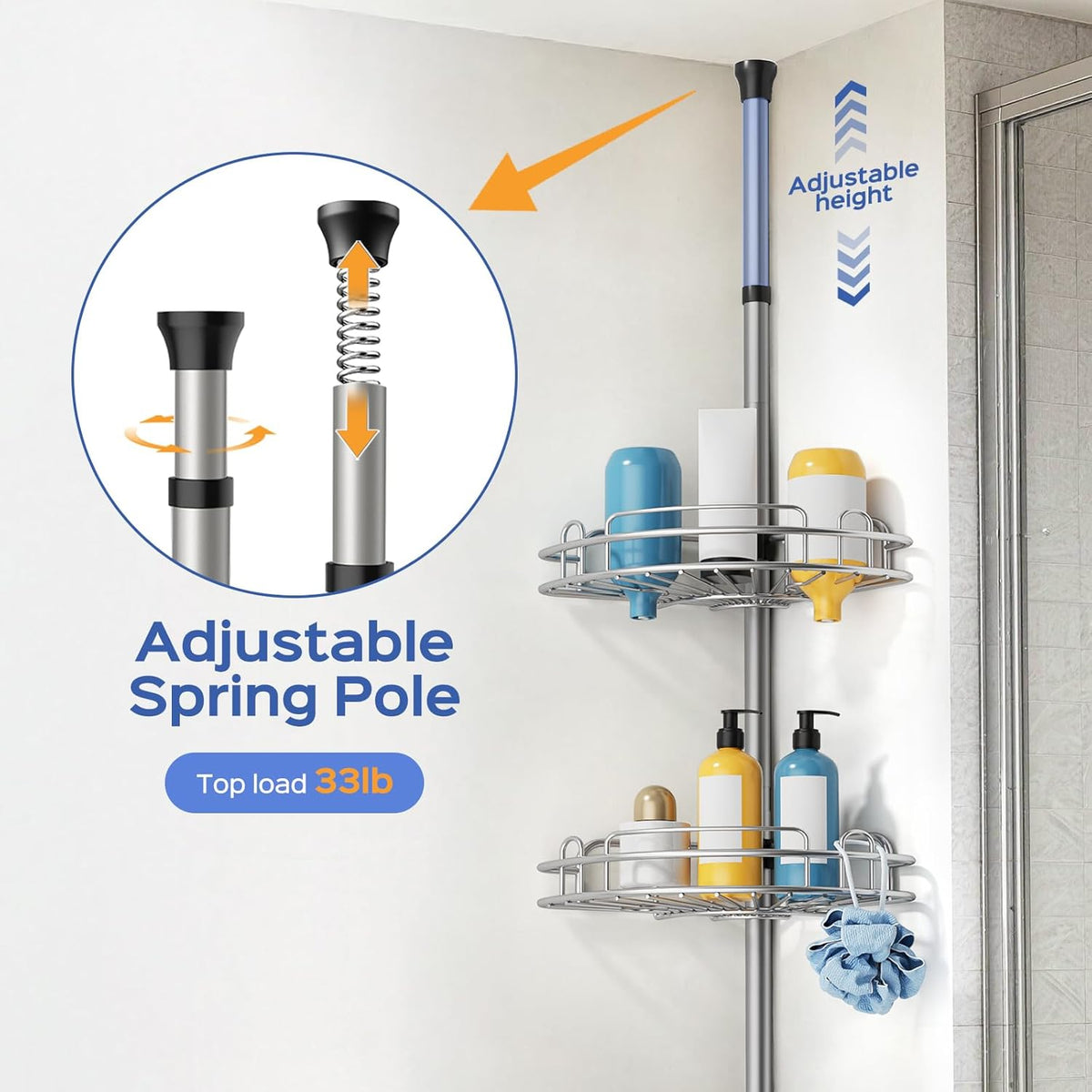 HAMITOR Shower Caddy Tension Pole: 4 Tier Corner Bathroom Organizer