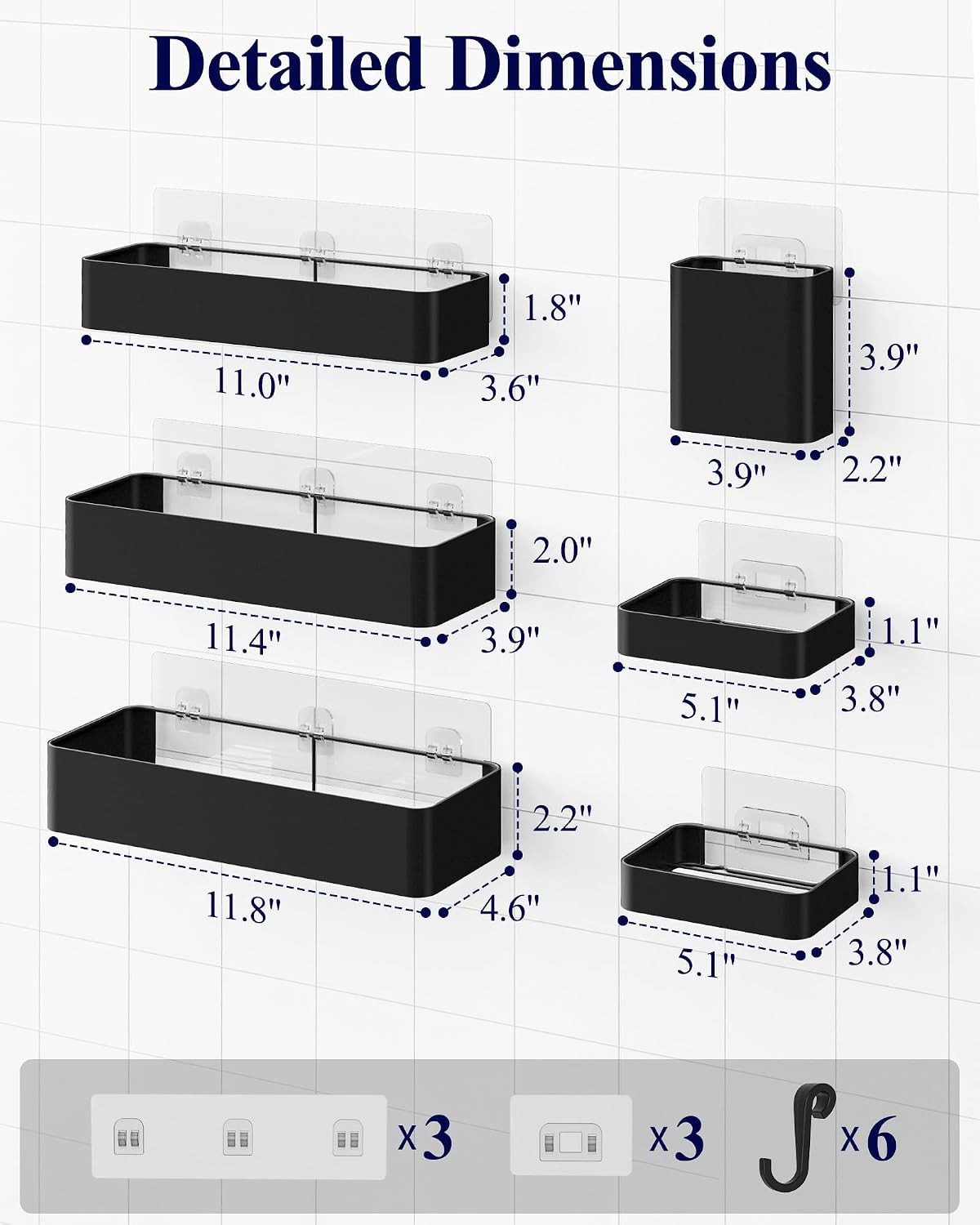 Kitsure Large Shower Caddy - Adhesive 6-Pack Bathroom Shelves, Black