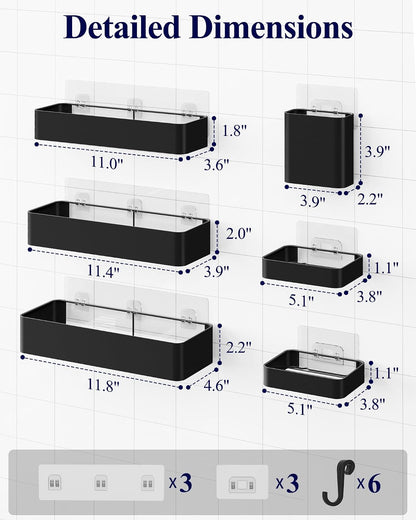 Kitsure Large Shower Caddy - Adhesive 6-Pack Bathroom Shelves, Black