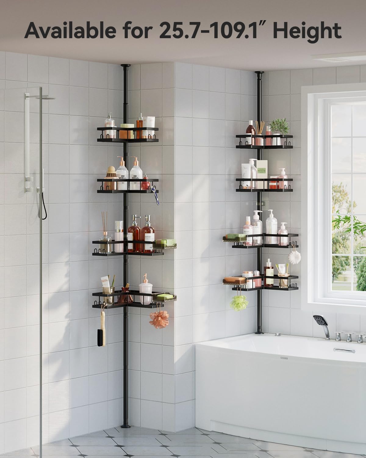 YASONIC Corner Shower Caddy Tension Pole, 25.7-109.1in Adjustable Shower Shelves, Rust-Resistant Shower Organizer, No-Drill 3-Step Installation, Bathroom Shelves for Renters & Family, Black