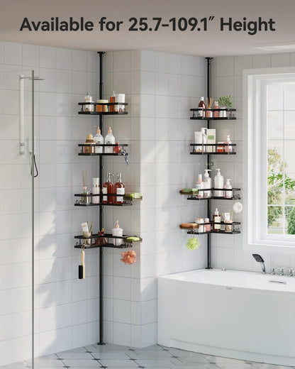YASONIC Corner Shower Caddy Tension Pole, 25.7-109.1in Adjustable Shower Shelves, Rust-Resistant Shower Organizer, No-Drill 3-Step Installation, Bathroom Shelves for Renters & Family, Black