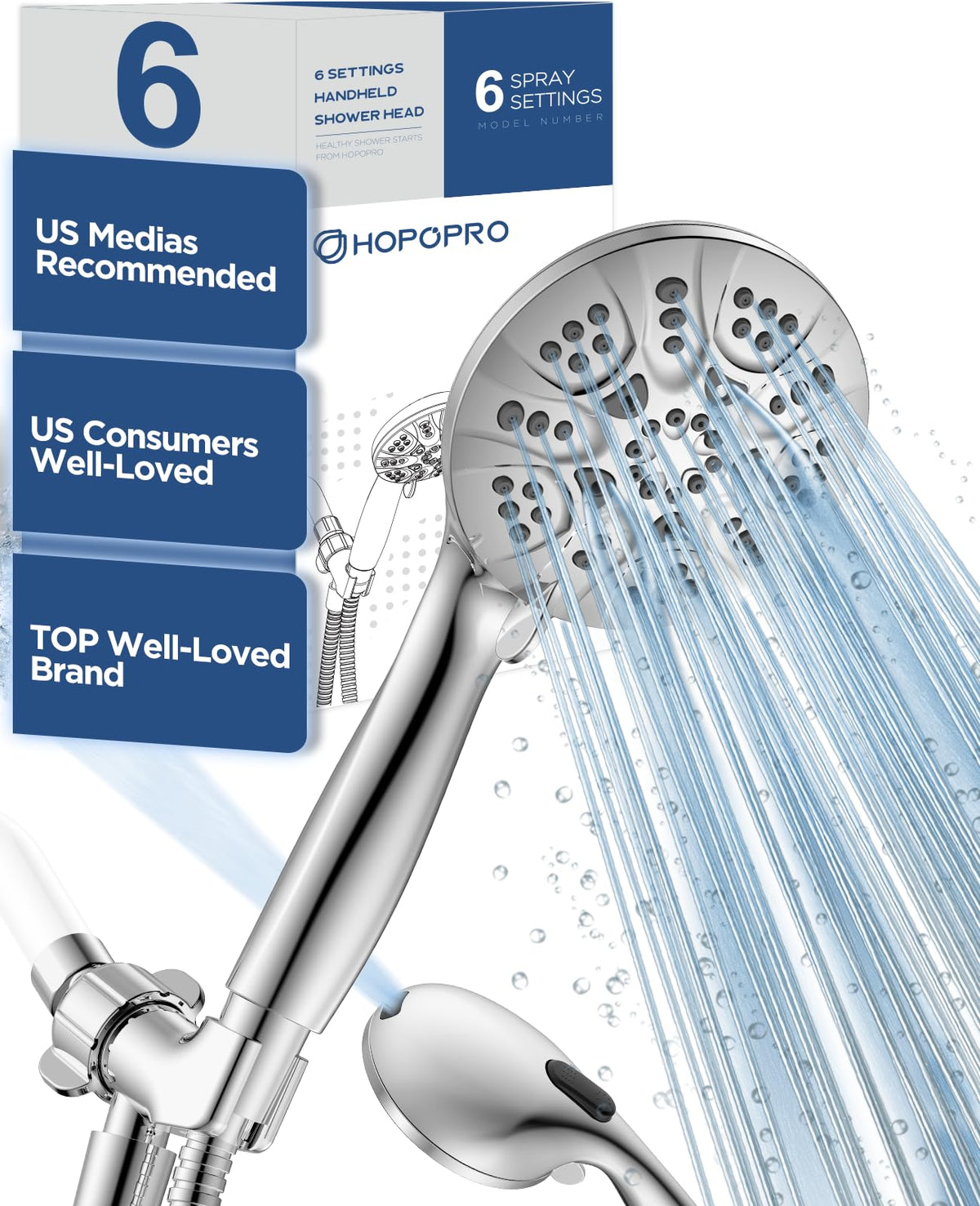 HOPOPRO 7-Setting Handheld Shower Head with Built-in Power Wash, Polished ABS Chrome, 71-Inch Stainless Steel Hose, 360 Rotatable Brass Overhead Bracket, Anti-Leakage Teflon Tape