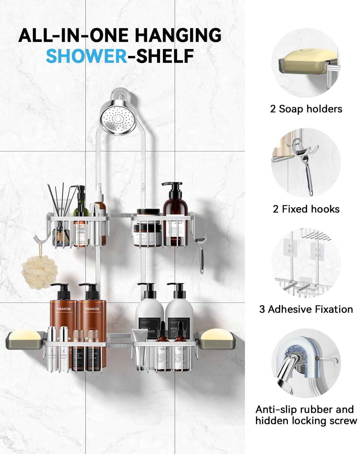 Adjustable Shower Caddy Hanging - Never Rust Shower Organizer Hanging, Aluminum Shower Racks for Inside Shower - Bathroom Organizers and Storage with 2 Soap Holders and 2 Removable Hooks, Silver
