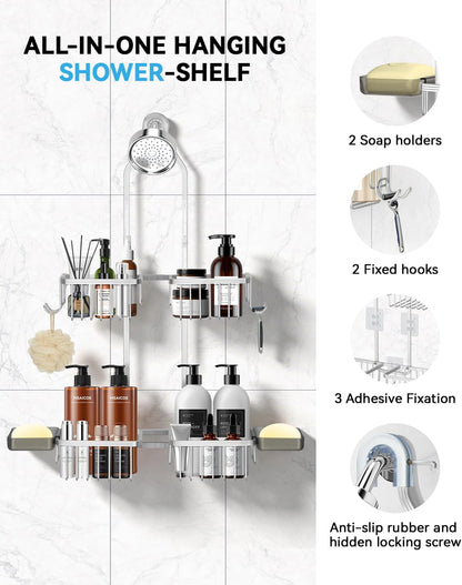 Adjustable Shower Caddy Hanging - Never Rust Shower Organizer Hanging, Aluminum Shower Racks for Inside Shower - Bathroom Organizers and Storage with 2 Soap Holders and 2 Removable Hooks, Silver