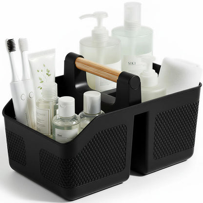 Plastic Shower Caddy Portable Shower Basket with Bamboo Handle, Black