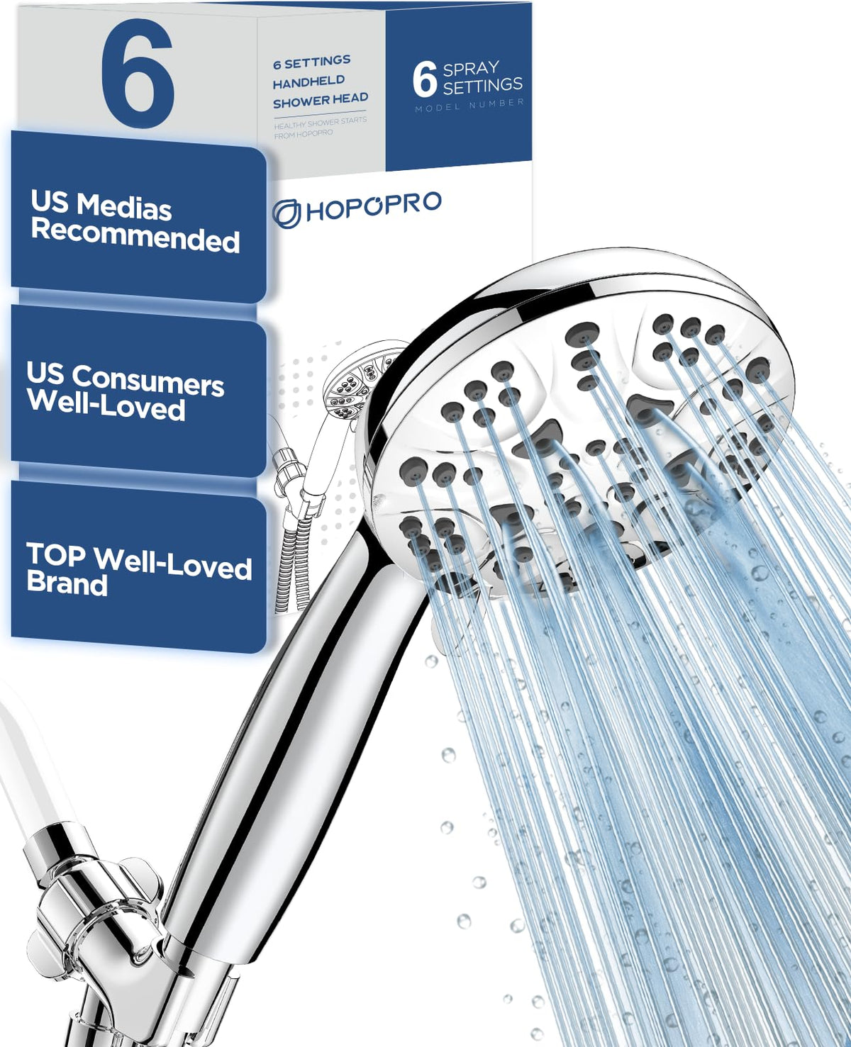 HOPOPRO 7-Setting Handheld Shower Head with Built-in Power Wash, Polished ABS Chrome, 71-Inch Stainless Steel Hose, 360 Rotatable Brass Overhead Bracket, Anti-Leakage Teflon Tape