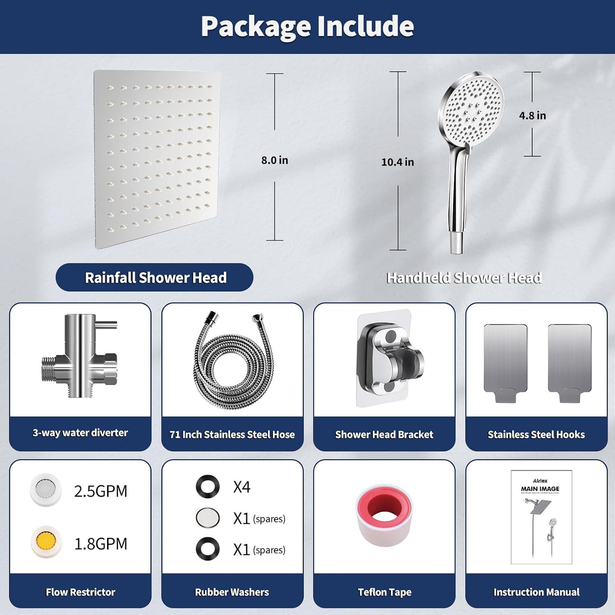 Airlex Shower Head Rain Shower Head with Handheld Spary, High Pressure Rainfall Showerhead and 4 Modes Handheld Shower Heads Built-in Power Wash with 71 Inch Stainless Steel Hose, 8'' Sliver