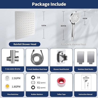 Airlex Shower Head Rain Shower Head with Handheld Spary, High Pressure Rainfall Showerhead and 4 Modes Handheld Shower Heads Built-in Power Wash with 71 Inch Stainless Steel Hose, 8'' Sliver
