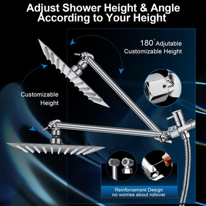 Shower Head Combo,10" High Pressure with 11" Extension Arm 5 Spray Handheld