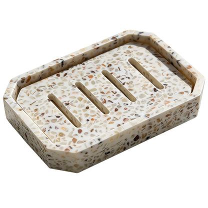 Drainable Soap Dish, Double Layer Resin Soap Holder with Marble-Look, Non-Slip Silicone Feet Soap Saver for Bathroom