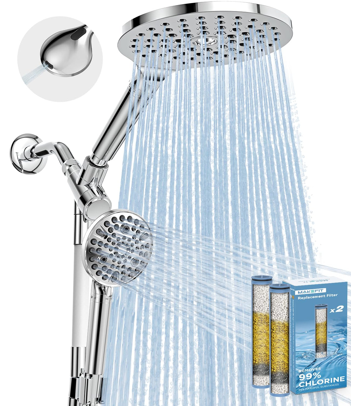 MakeFit Dual Handheld Shower Head Combo, 2-in-1 Rain Shower Heads System 8 Inch Rainfall Shower Head and 10 Modes High Pressure Hand Held Showerhead with Built-in Power Wash