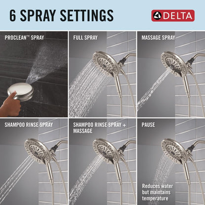 Delta 6-Setting In2ition 2-in-1 Dual Shower Head with Handheld High Pressure ProClean Spray, Brushed Nickel Detachable Shower Head with Hose, 1.75 GPM Flow Rate, Satin Nickel 75655SN