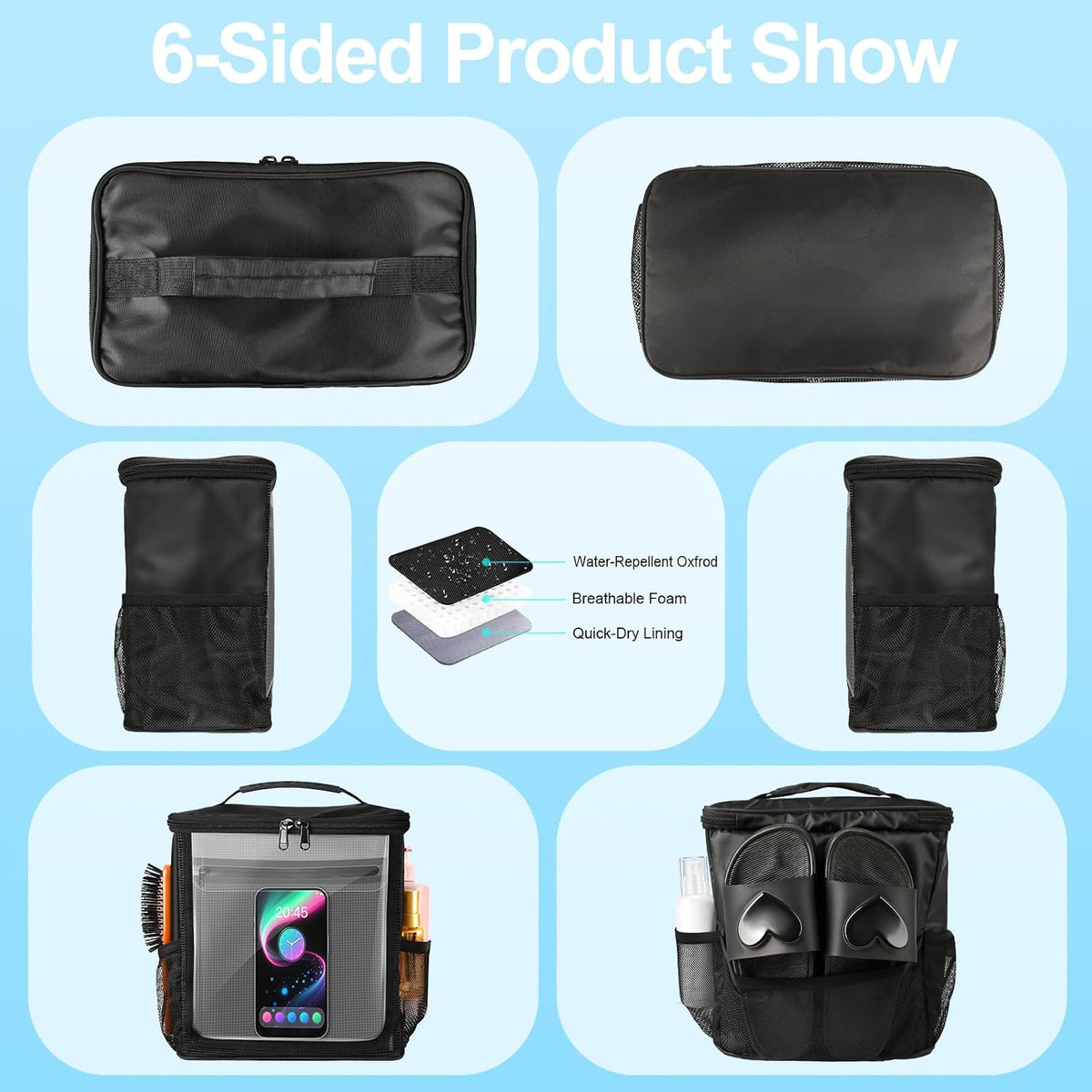 Hanging Shower Caddy Portable, Travel Toiletry Bag for Men & Women, Large Capacity with Hook,Dorm Room Essentials With Waterproof Phone Compartment, for Bathroom, Picnic, Gym, Travel(Black)