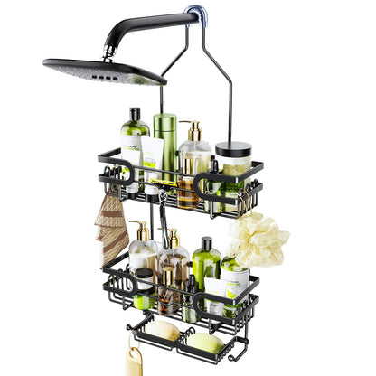 HapiRm Hanging Shower Caddy Organizer - Bathroom Organizer with 12 Hooks and Soap Holder, Rustproof Shower Shelf over Shower Head - Brushed Nickel