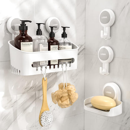 LUXEAR 4 Pack Shower Caddy Set - Suction Cup Shower Shelf+Soap Dish+Hooks - 1 Sec Installation NO-Drill Removable Powerful Waterproof Organizer for Bathroom/Kitchen/RV 22LBS Capacity Removable