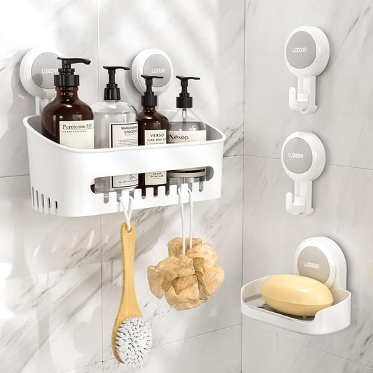 LUXEAR 4 Pack Shower Caddy Set - Suction Cup Shower Shelf+Soap Dish+Hooks - 1 Sec Installation NO-Drill Removable Powerful Waterproof Organizer for Bathroom/Kitchen/RV 22LBS Capacity Removable