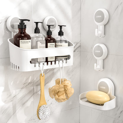 LUXEAR 4 Pack Shower Caddy Set - Suction Cup Shower Shelf+Soap Dish+Hooks - 1 Sec Installation NO-Drill Removable Powerful Waterproof Organizer for Bathroom/Kitchen/RV 22LBS Capacity Removable